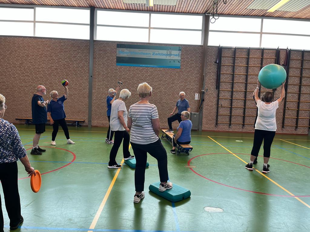 Een les in de sportzaal. Twee vrouwen staan met één voet op een stepbank, een man en een vrouw spelen met een bal en een vrouw tilt een grote gymbal boven haar hoofd. Twee leden doen hun oefening zittend op een bank.